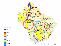 GeoGnostics :: Erosionskarte von EROSION-3D für ein im Juni 2004 beobachtetes Starkregenereignis in Einzugsgebiet des Baderitzer Stausees (Sächsisches Lösshügelland). Die roten Kreise markieren die prognostizierten Eintragsschwerpunkte diffuser Gewässerbelastungen, die durch Sedimentübertritt von den angeschlossenen Flächen verursacht werden